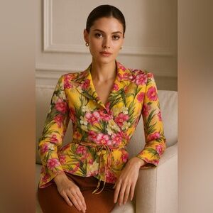 Escada Silk Floral Wrap Blouse Tropical Resort Luxe Designer Statement Top small